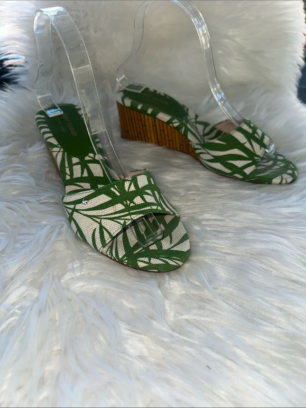 Kate Spade Meena Canvas Green Leaf Print Wedge Sandals